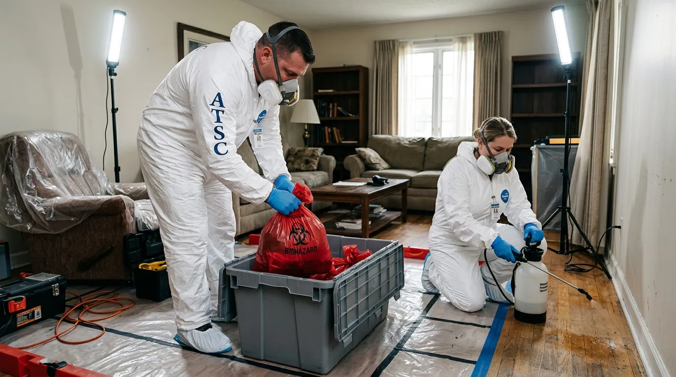 Professional Biohazard Cleanup technician in full PPE working in Key Largo
